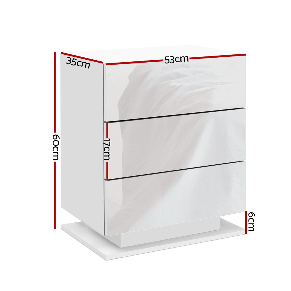 Bedside Table Led 3 Drawers - Mori White