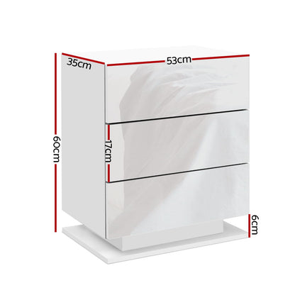 Bedside Table Led 3 Drawers - Mori White