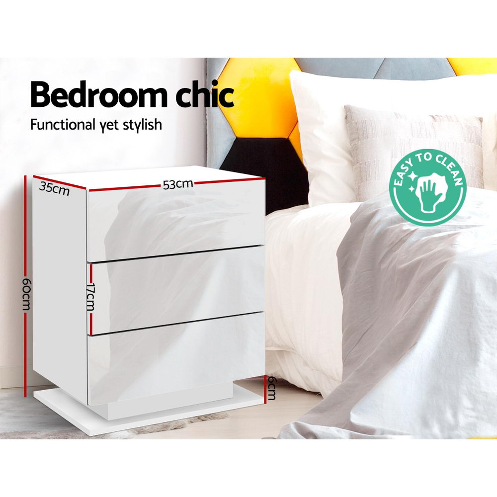 Bedside Table Led 3 Drawers - Mori White