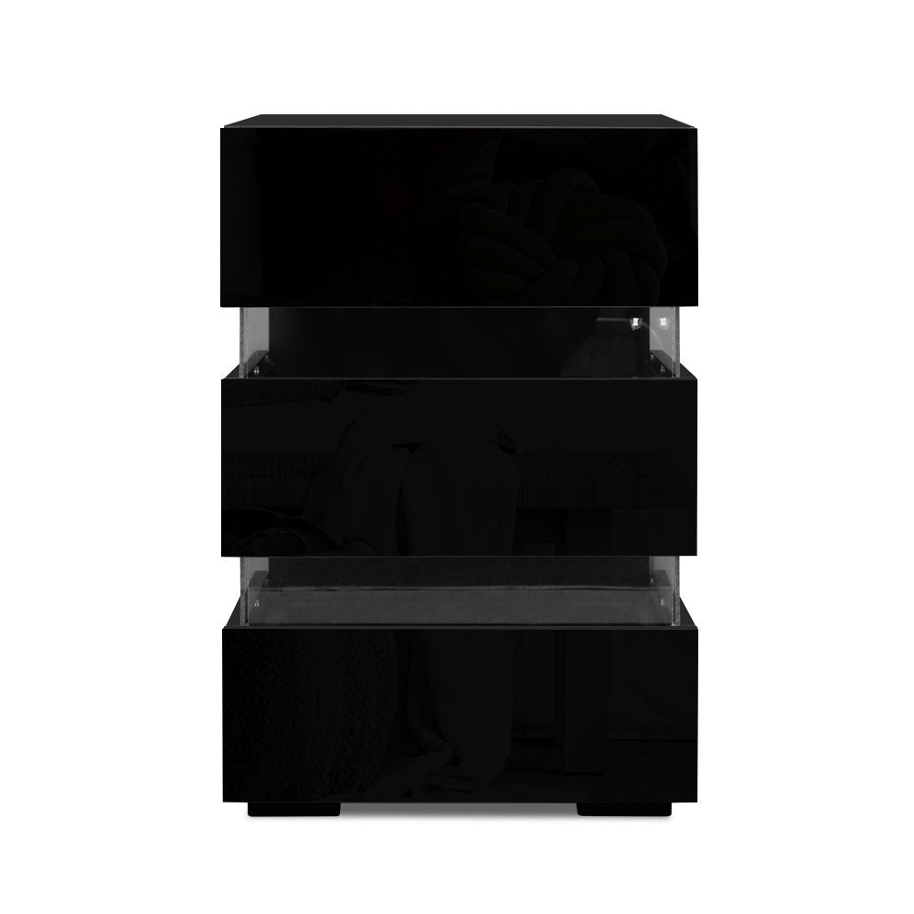 Bedside Table Led 3 Drawers - Lumi Black