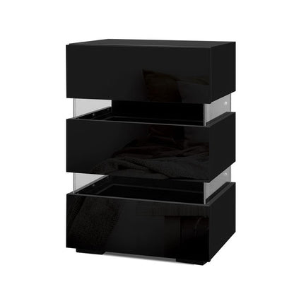 Bedside Table LED 3 Drawers Black 45x35x67cm