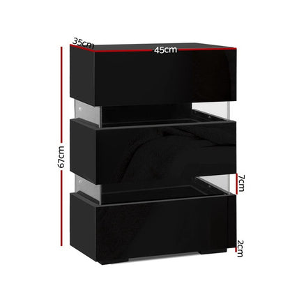 Bedside Table LED 3 Drawers Black 45x35x67cm