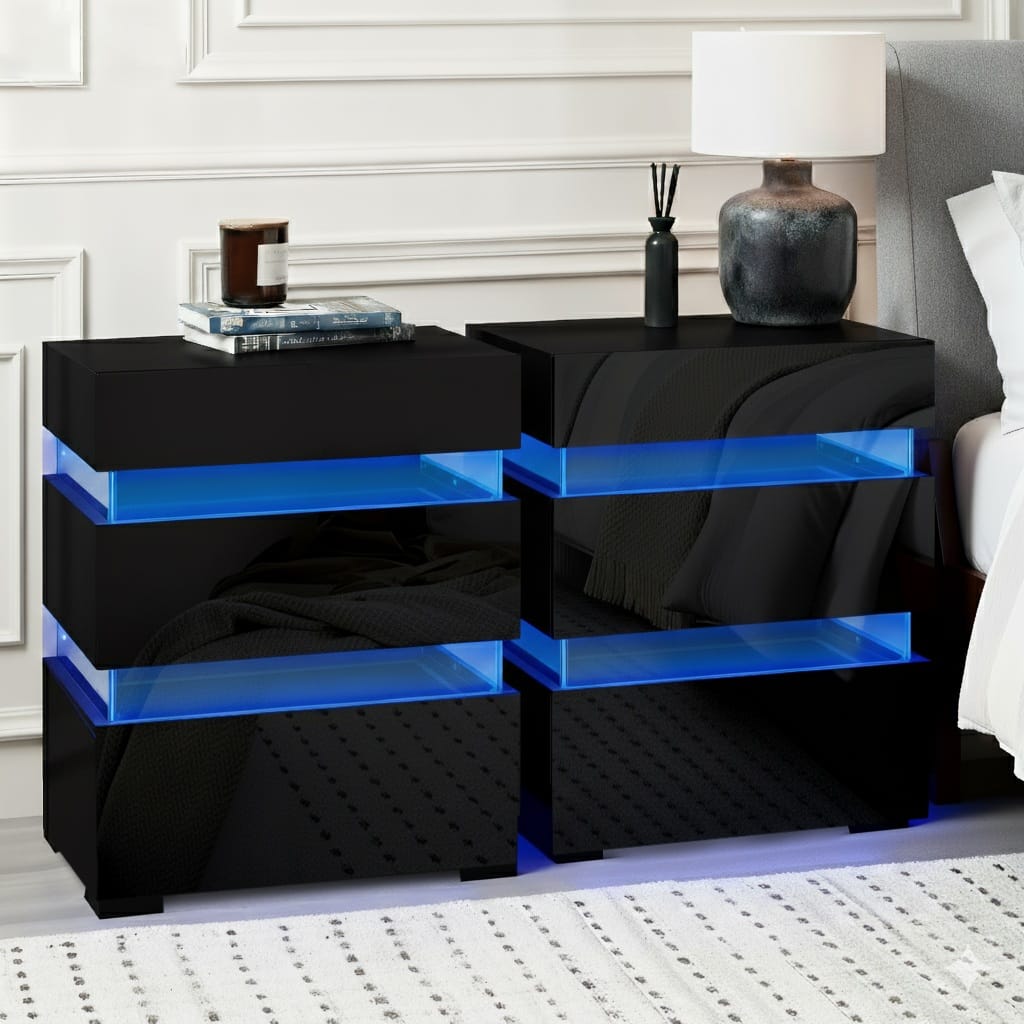 Bedside Table LED 3 Drawers Black 45x35x67cm