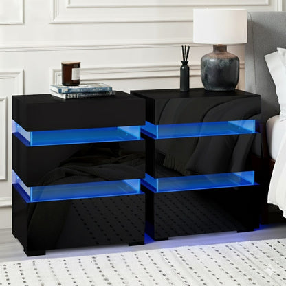 Bedside Table LED 3 Drawers Black 45x35x67cm