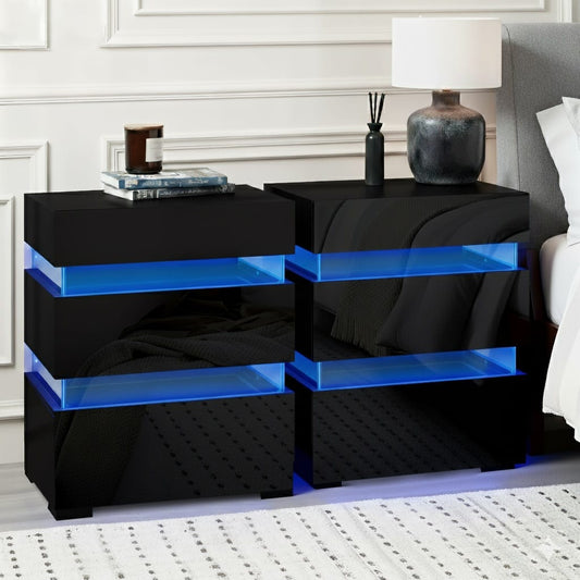 Bedside Table LED 3 Drawers Black 45x35x67cm