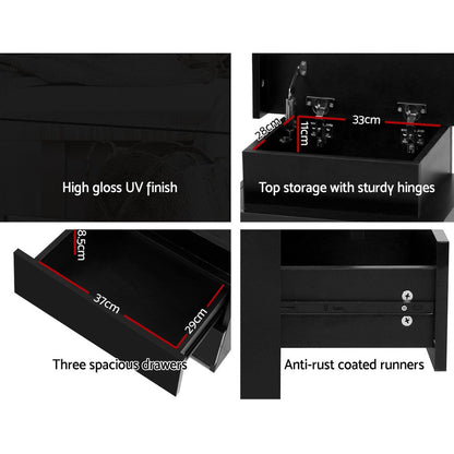 Bedside Table Led 3 Drawers - Coley Black