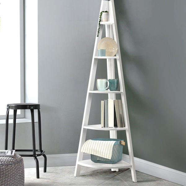  Bookshelf Corner Shelf 5 Tiers - Cane White