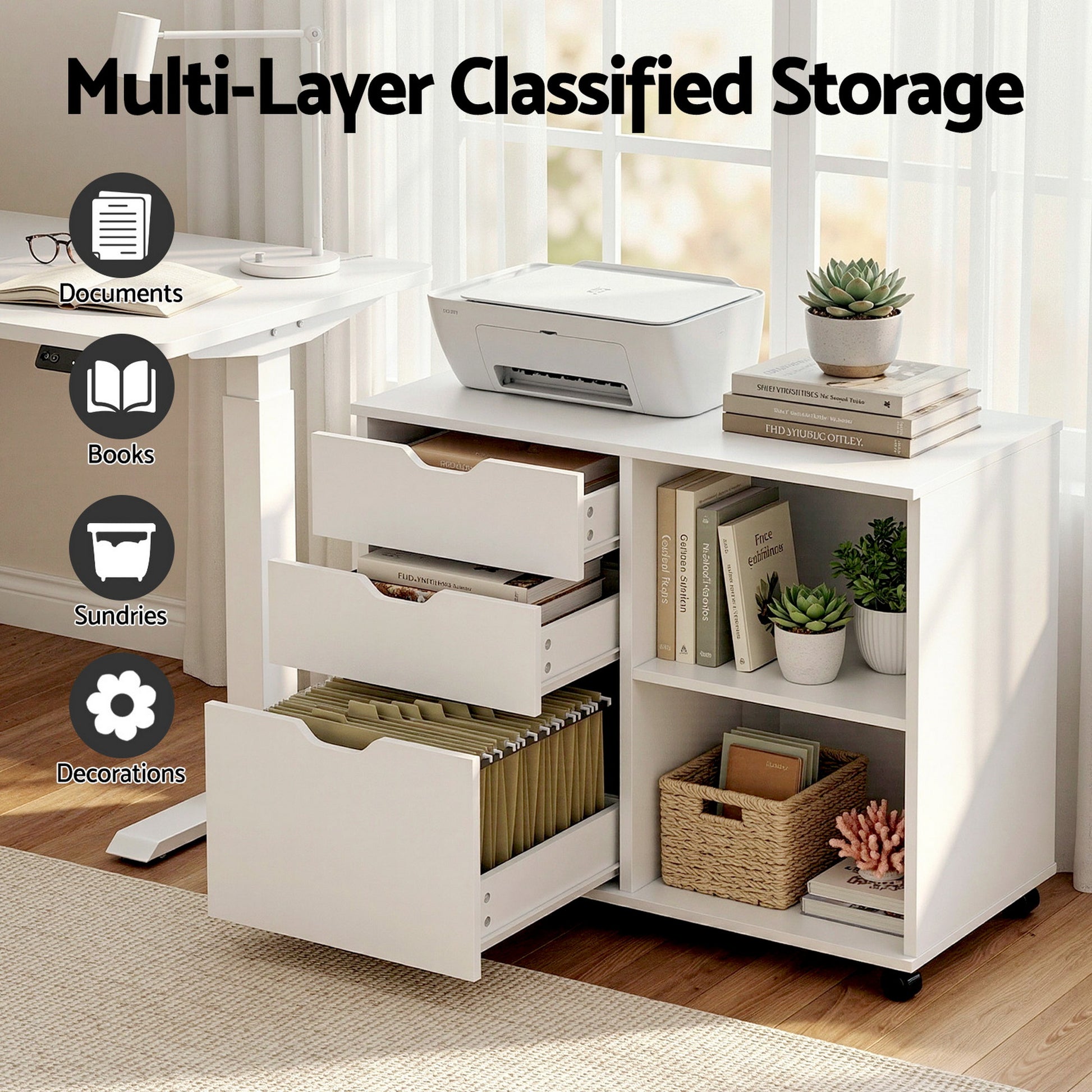 3 Drawer Mobile Filing Cabinet Printer Stand White | HomeAndLiving