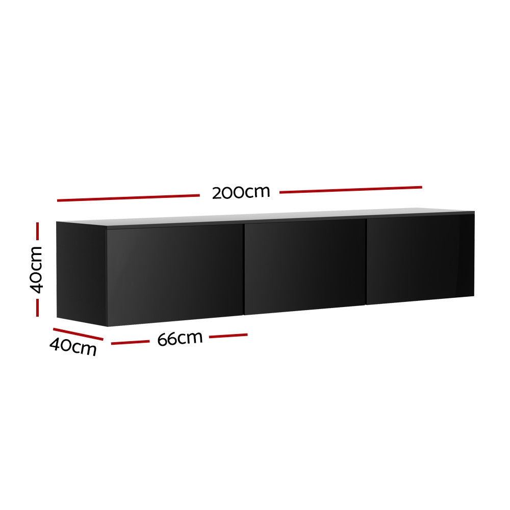 Floating Entertainment Unit Tv Cabinet High Glossy Black 3 Cabinets 200Cm