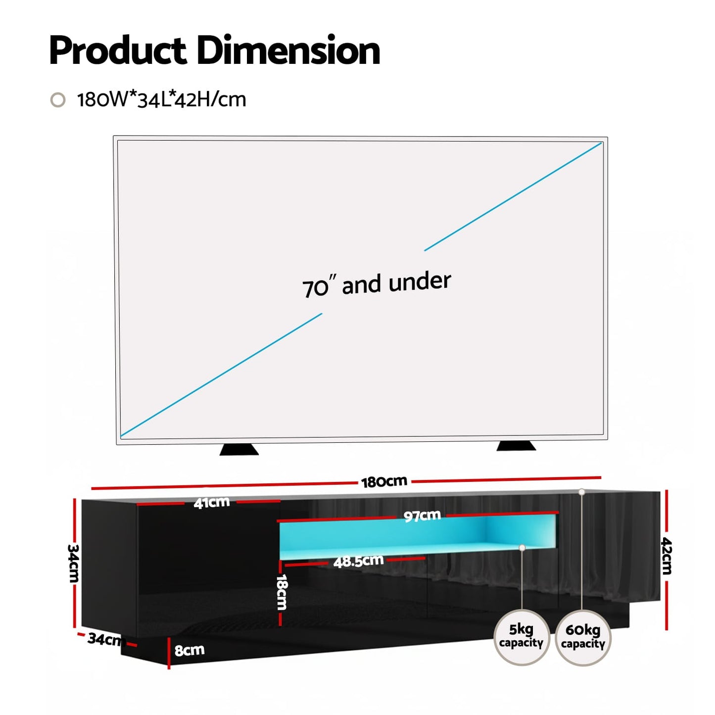 Tv Unit Storage Black 180x34x42cm