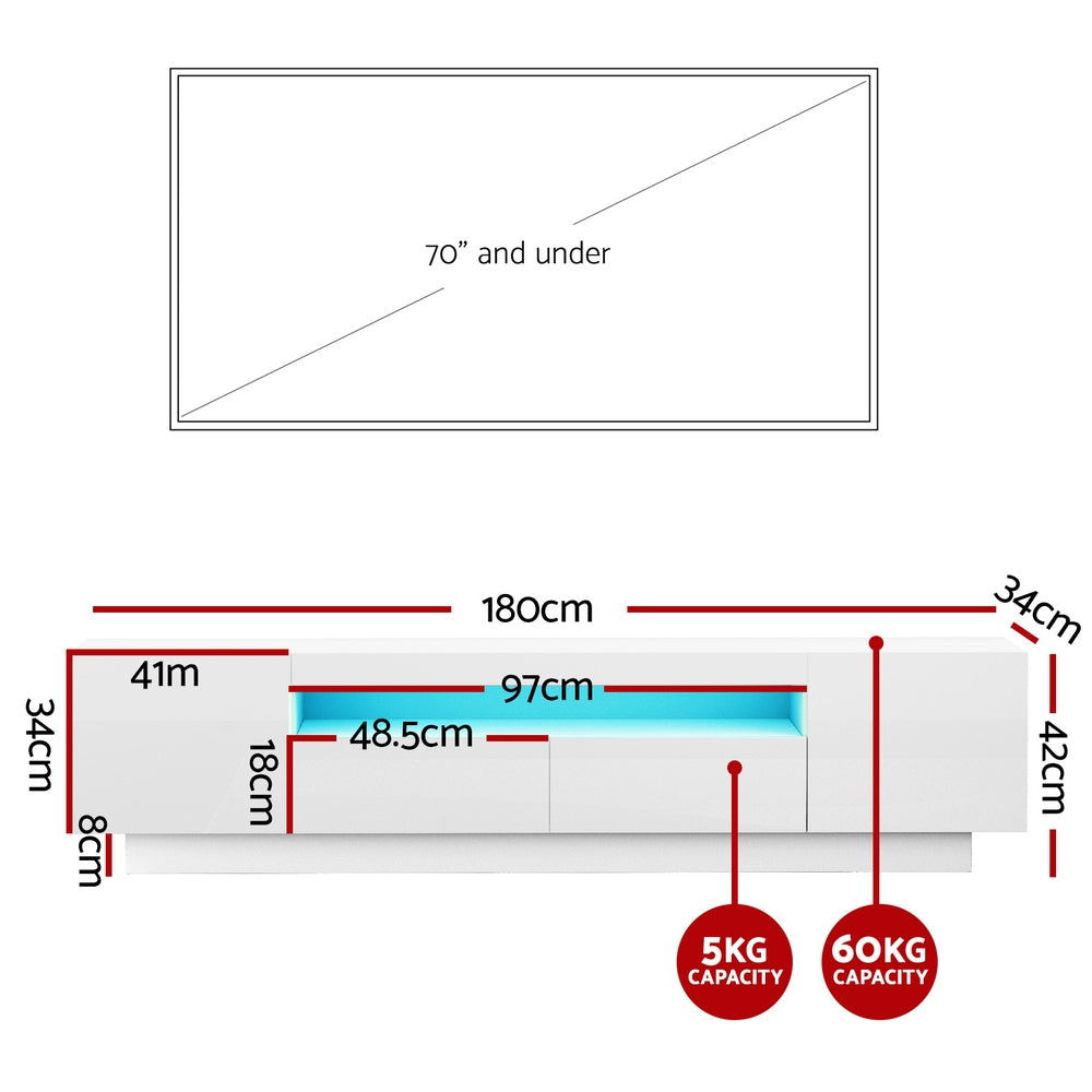  TV Unit Entertainment Unit Storage Drawer RGB LED 180cm White