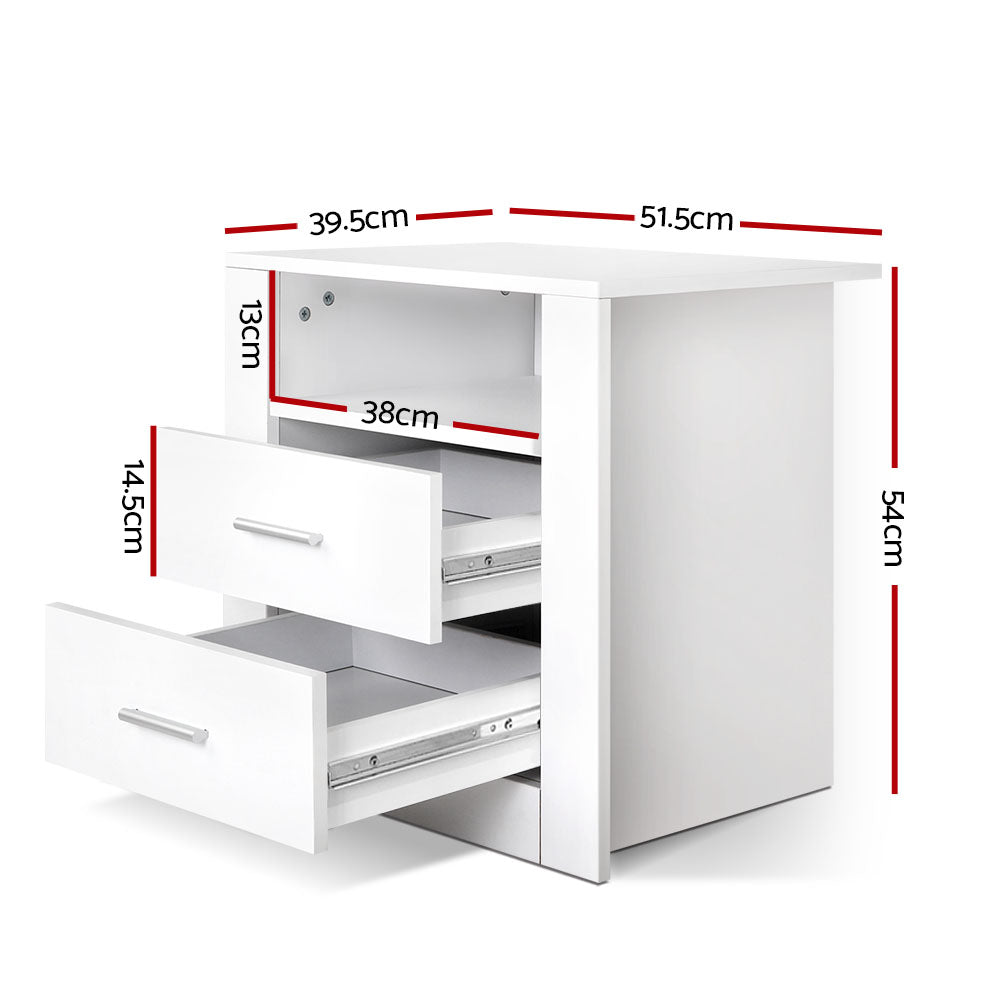 Bedside Table 2 Drawers With Shelf - Tara White
