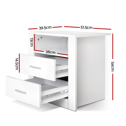 Bedside Table 2 Drawers With Shelf - Tara White