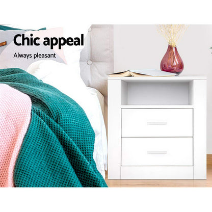 Bedside Table 2 Drawers With Shelf - Tara White