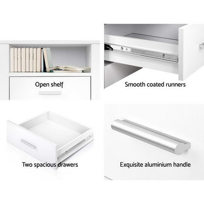 Bedside Table 2 Drawers With Shelf - Tara White