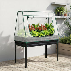 Elevated Metal Garden Bed Kit w Mini Greenhouse Cover 116x60cm Stand-Up Height Trellis