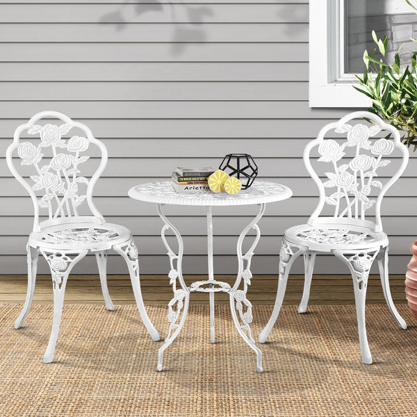  Outdoor Furniture Chairs Table 3pc Aluminium Bistro White