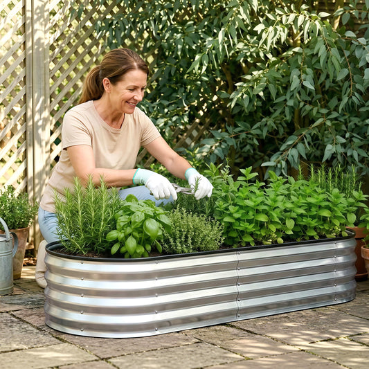 Galvanised Raised Garden Bed Oval Metal Planter 120x60cm | HomeAndLiving