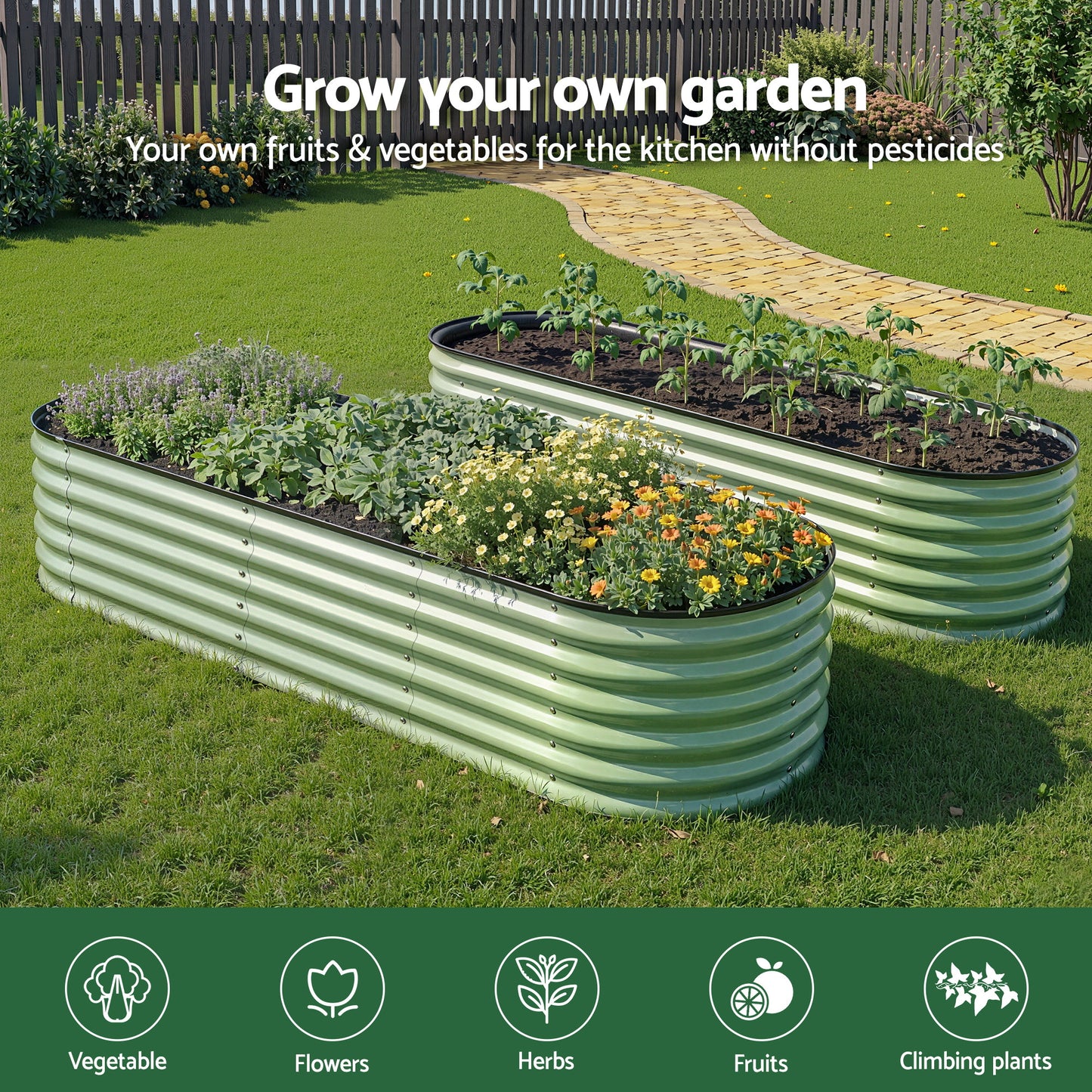 Oval Raised Garden Bed Galvanised Steel 240x60cm | HomeAndLiving