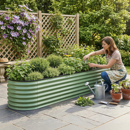 Oval Raised Garden Bed Galvanised Steel 240x60cm | HomeAndLiving