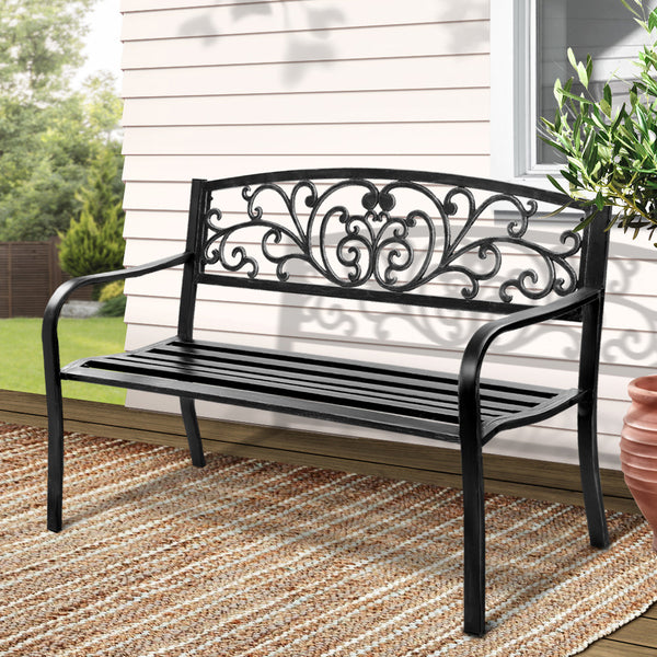  Outdoor Garden Bench Seat Steel Outdoor Furniture 3 Seater Park Black