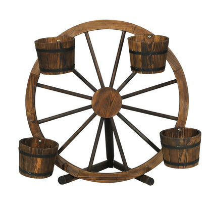 Garden Decor Plant Stand Outdoor Ornament Wooden Wagon Wheel 80Cm
