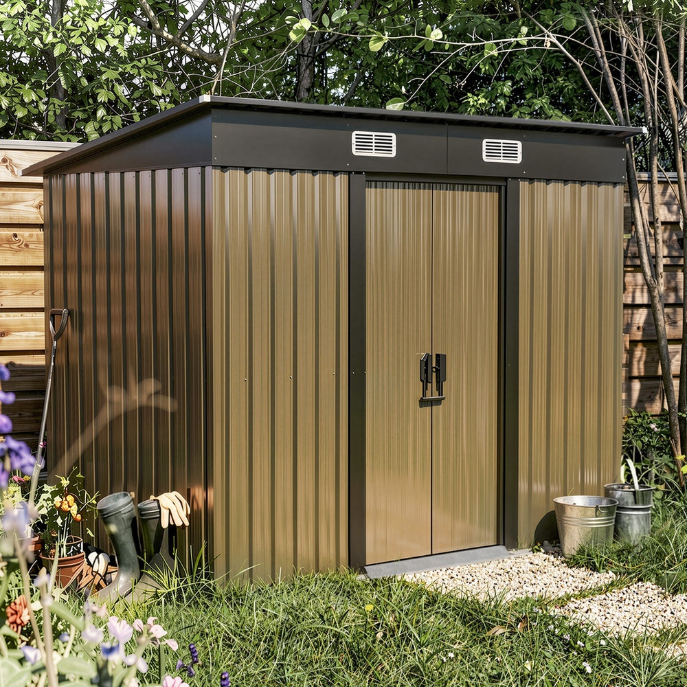 Metal Garden Shed Storage Cabin Backyard Collection Skillion Roof 2.38x1.31M Galvanised Steel Brown Grey