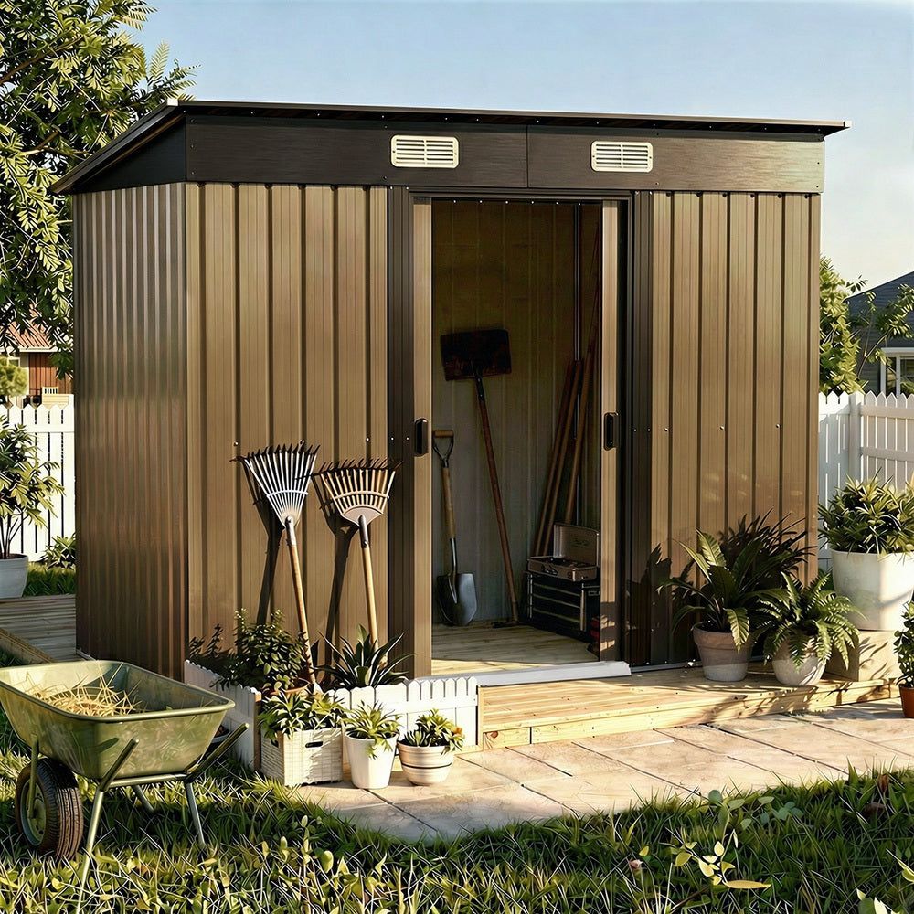 Metal Garden Shed Storage Cabin Backyard Collection Skillion Roof 2.38x1.31M Galvanised Steel Brown Grey