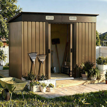 Metal Garden Shed Storage Cabin Backyard Collection Skillion Roof 2.38x1.31M Galvanised Steel Brown Grey