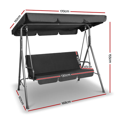 Outdoor Swing Chair Garden Chair Bench Furniture Canopy 3 Seater Black - 170×110×155cm