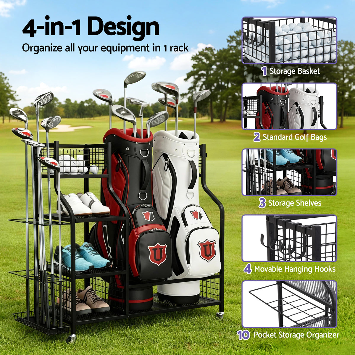 Golf Bag Storage Golf Storage Garage Organizer with Wheels Black