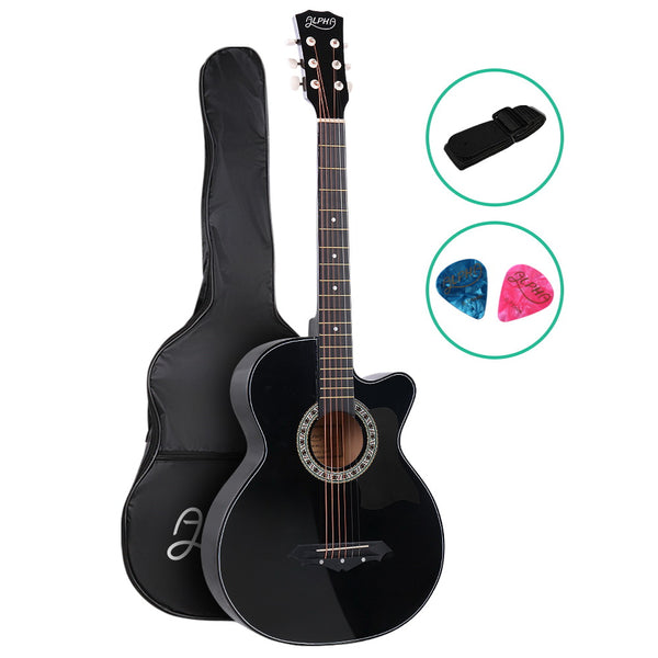  38 Inch Acoustic Guitar Wooden Body Steel String Full Size Cutaway Black