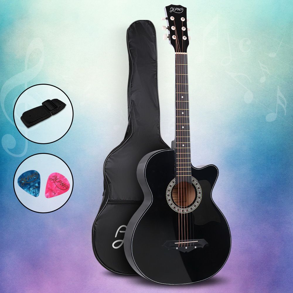 38 Inch Acoustic Guitar Wooden Body Steel String Full Size Cutaway Black