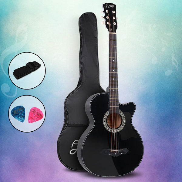  38 Inch Acoustic Guitar Wooden Body Steel String Full Size Cutaway Black