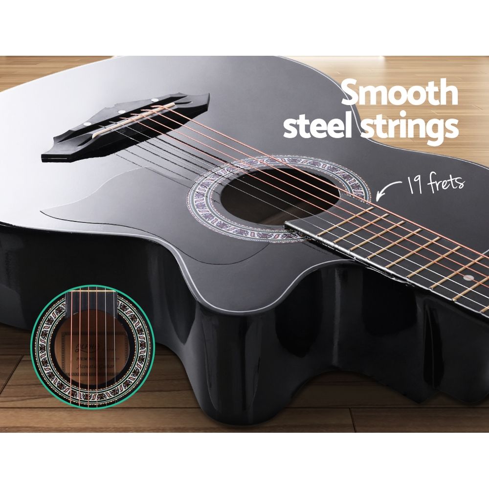 38 Inch Acoustic Guitar Wooden Body Steel String Full Size Cutaway Black