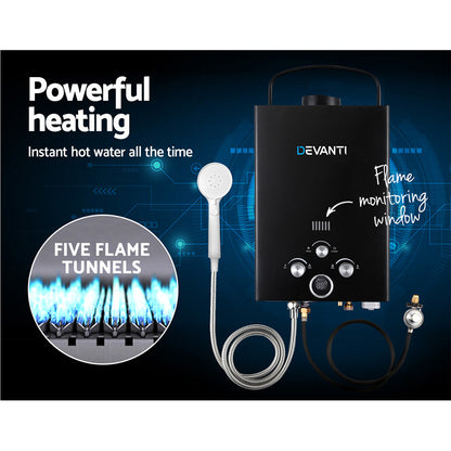 Portable Gas Water Heater 8L/Min Lpg System Black