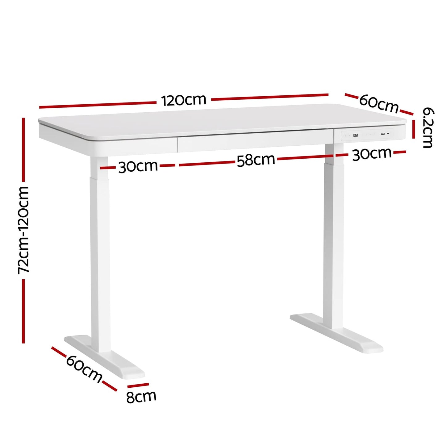 Electric Standing Desk White Motorised 120x60x72cm