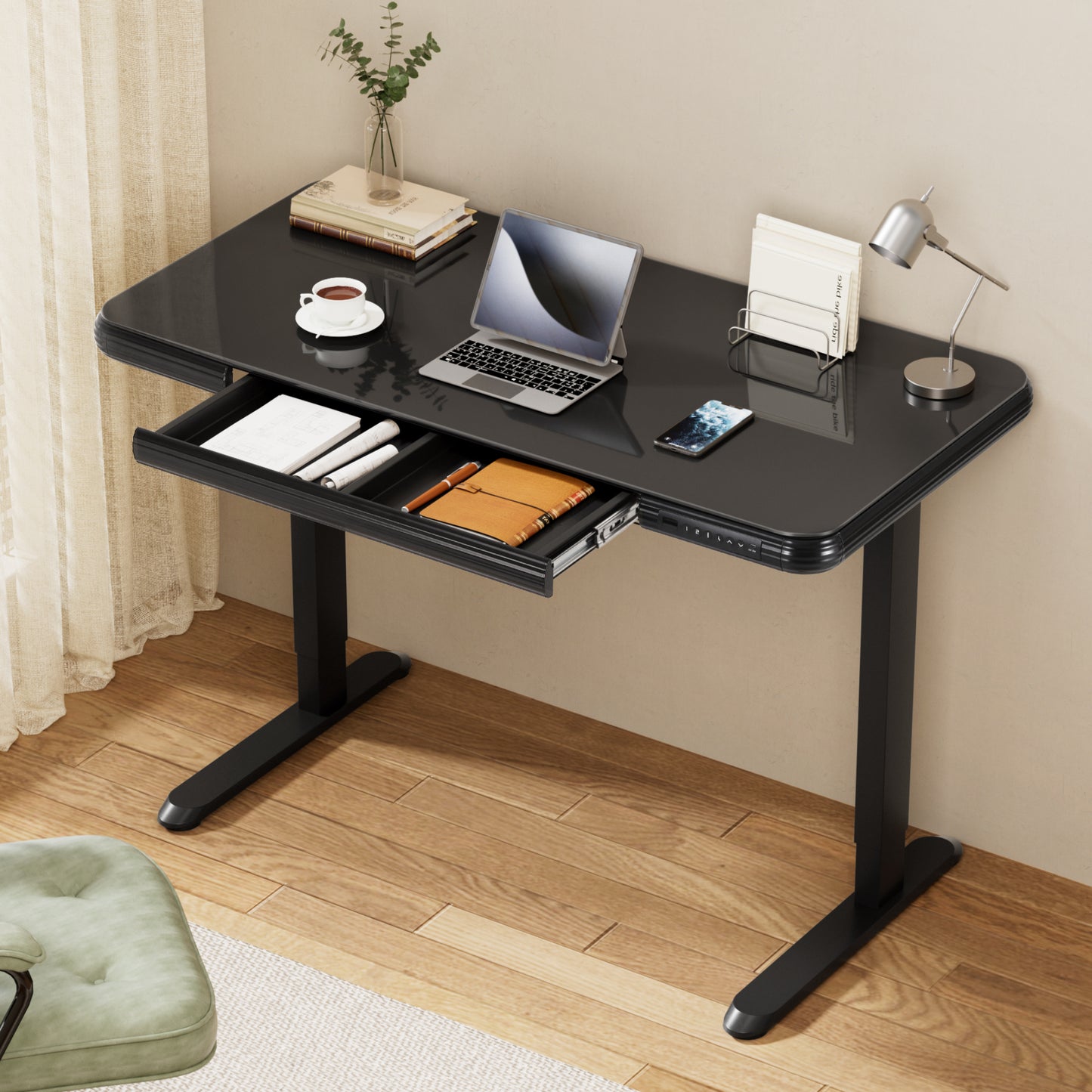 Standing Desk Motorised Tempered Glass Top Electric Black 120Cm