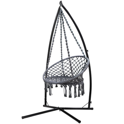 Hammock Chair With Steel Stand Macrame Outdoor Swinging Grey