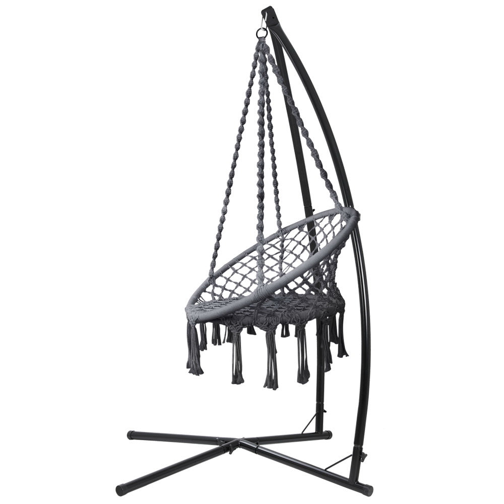 Hammock Chair With Steel Stand Macrame Outdoor Swinging Grey