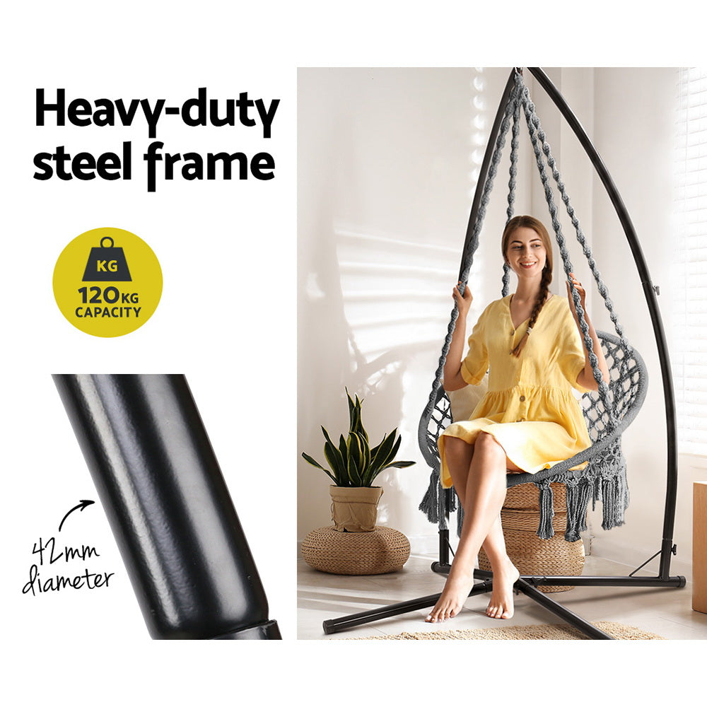 Hammock Chair With Steel Stand Macrame Outdoor Swinging Grey