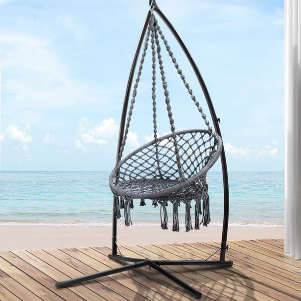  Hammock Chair With Steel Stand Macrame Outdoor Swinging Grey