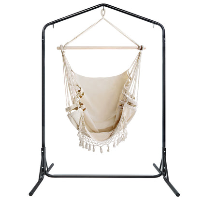 Outdoor Hammock Chair with Stand Tassel Hanging Rope Hammocks Cream