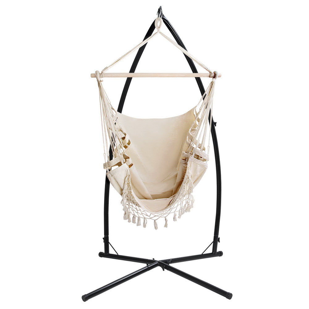 Hammock Chair With Steel Stand Hanging Outdoor Tassel Cream
