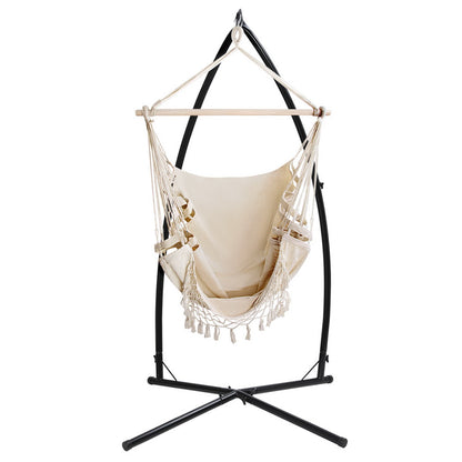Hammock Chair With Steel Stand Hanging Outdoor Tassel Cream