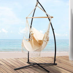 Hammock Chair With Steel Stand Hanging Outdoor Tassel Cream