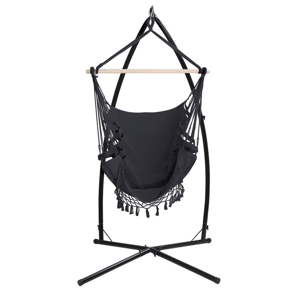 Hammock Chair With Steel Stand Hanging Outdoor Tassel Grey