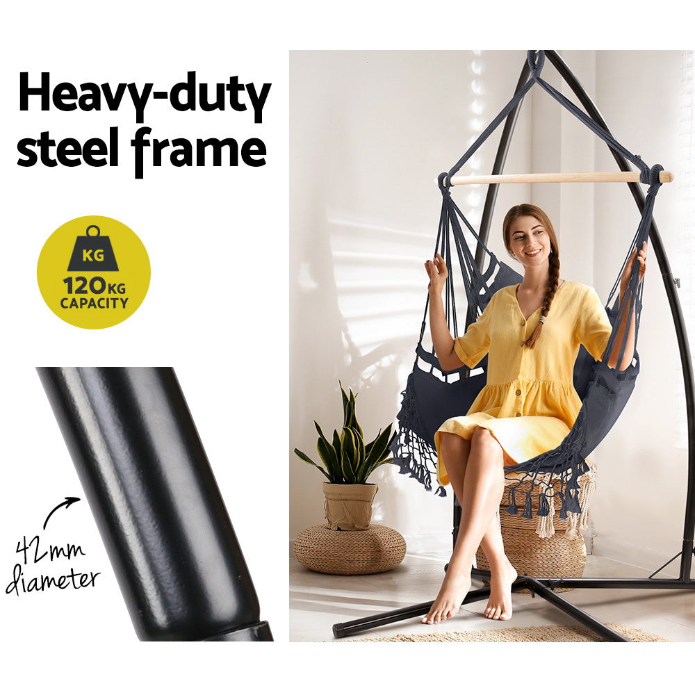 Hammock Chair With Steel Stand Hanging Outdoor Tassel Grey