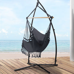 Hammock Chair With Steel Stand Hanging Outdoor Tassel Grey