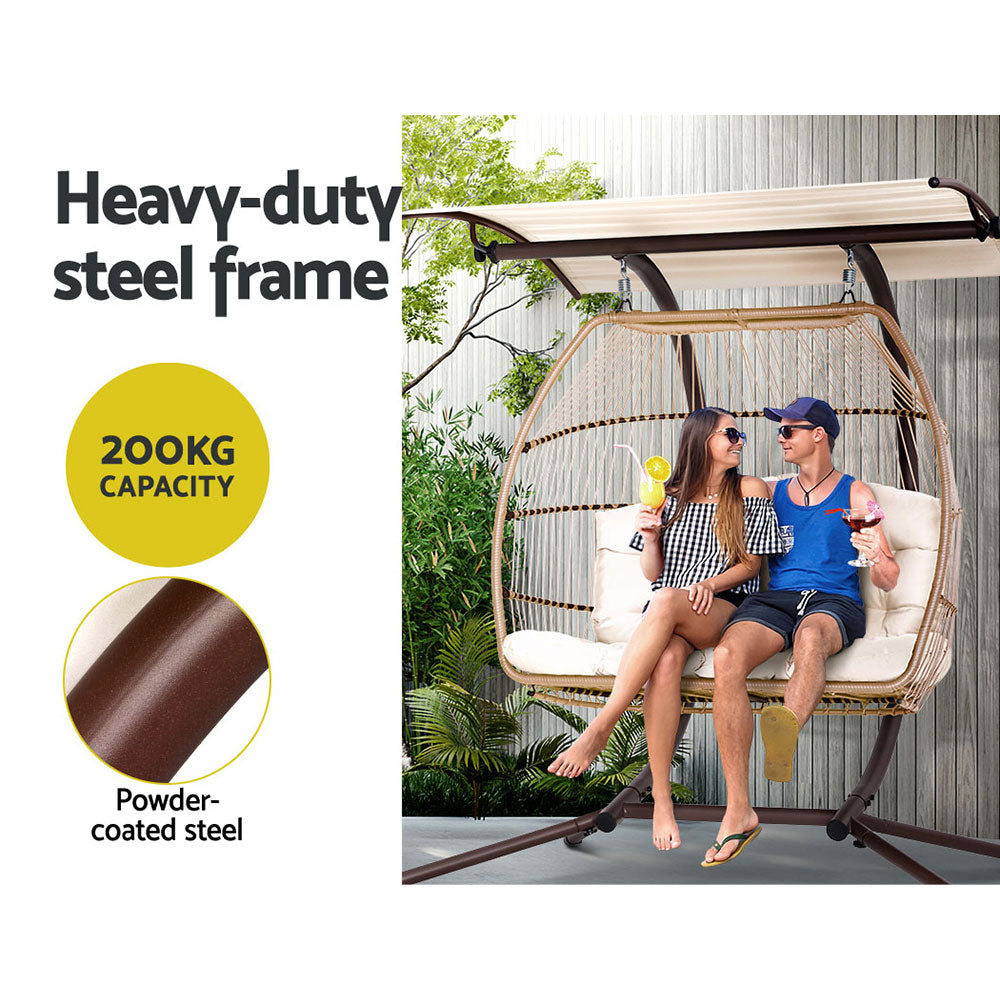 Outdoor Egg Swing Chair Wicker Furniture Pod Stand Canopy 2 Seater Latte